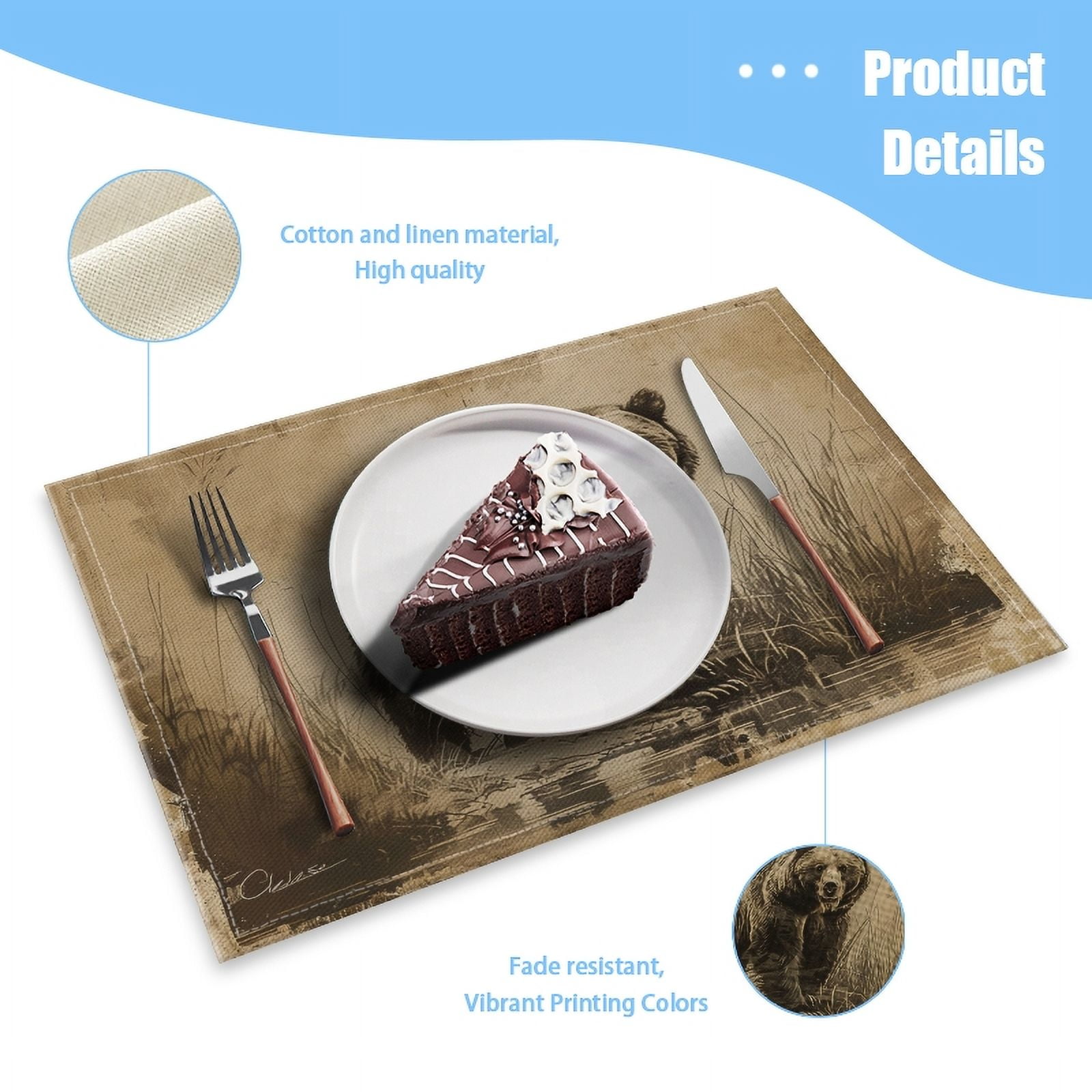 BaHomeck placemats Set of 4 Vintage Illustration Of Old Grizzly Bear Standing In The Water Cotton Linen rectangle Placemats for Kitchen Dining Table Indoor,Outdoor,18*12inch