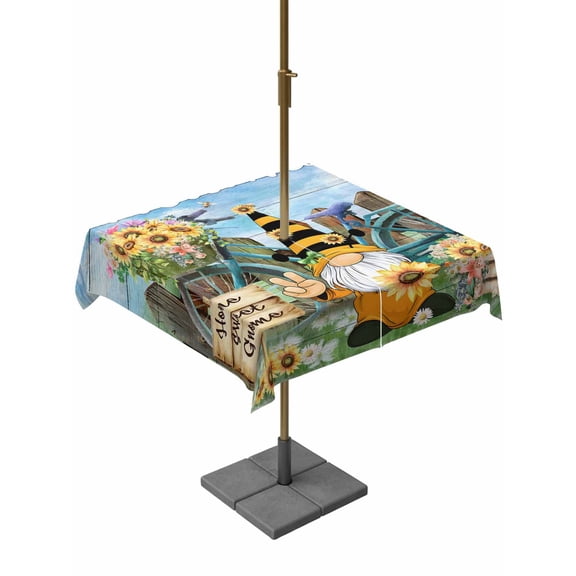 Outdoor Tablecloths with Umbrella Hole & Zipper, Sunflower 54x54 Inch Square Tablecloths, Gnomes Summer Botanical Pastoral Wooden Waterproof Table Cloth, Patio/Pool/Picnic Table Covers