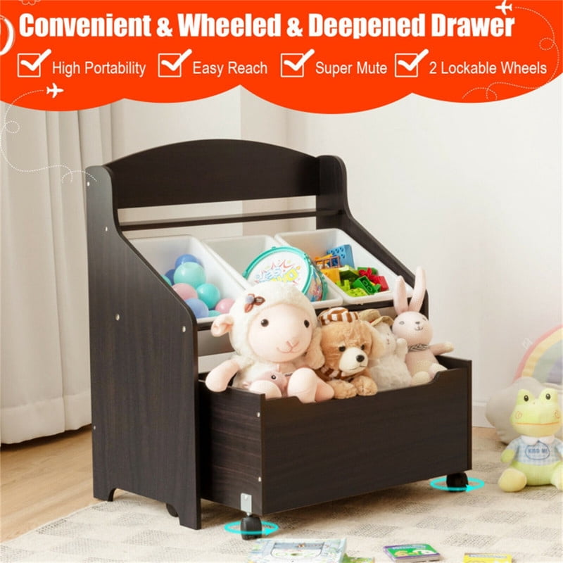 Gundir Kids Toy Storage Organizer with Large Capacity Rolling Toy Box and 3 Removable Bins, Cabinet with Shelf, Easy-Move Lockable Casters, for Playroom Bedroom,Brown, 25"L x 15"W x 30"H