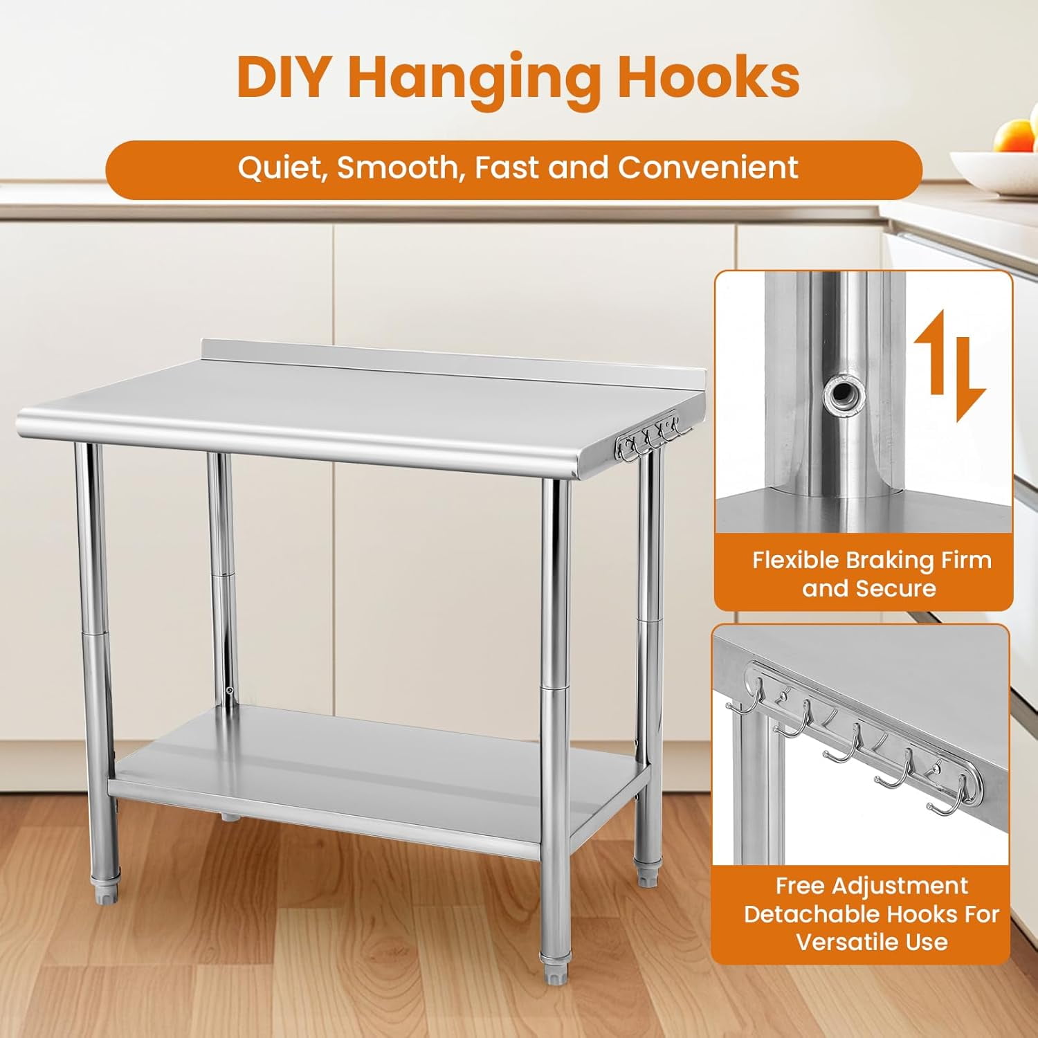 Tuekys Stainless Steel Table with Hooks,Metal Prep Table with Backsplash & Adjustable Undershelf,Curved Edge,Heavy Duty Food Prep Worktable for Home