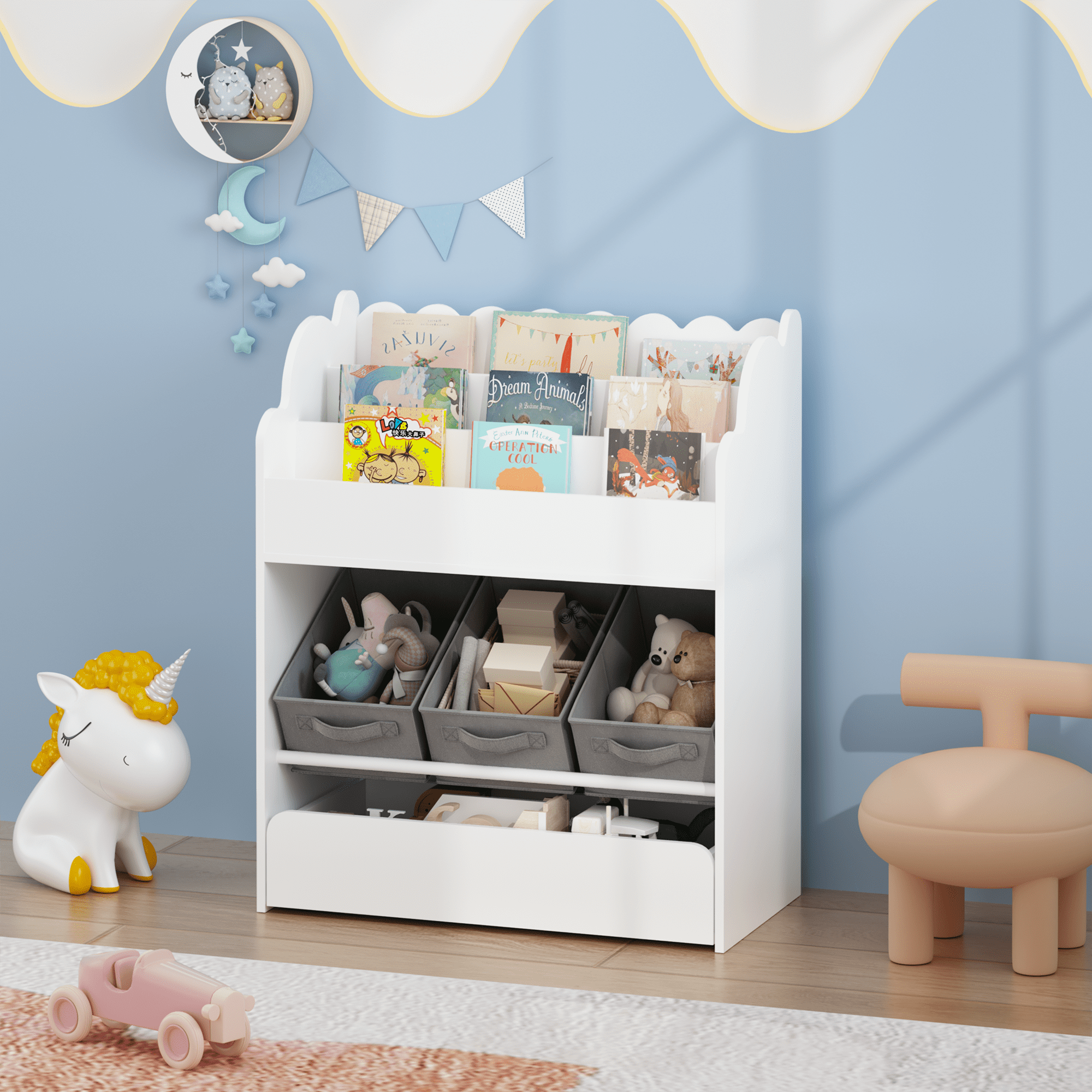 Kids Bookshelf with Storage Bins and Drawer, Multi-Functional Wooden Book Organizer for Toddlers, White Bookcase for Toys, Books and Nursery Room