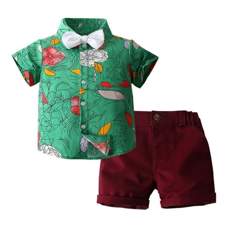 

B91xZ British Style Fashion Boy Suit Summer Children s Short Sleeved Flower Shirt Shorts Suit Baby Boy Outfit Green Size 2-3 Years