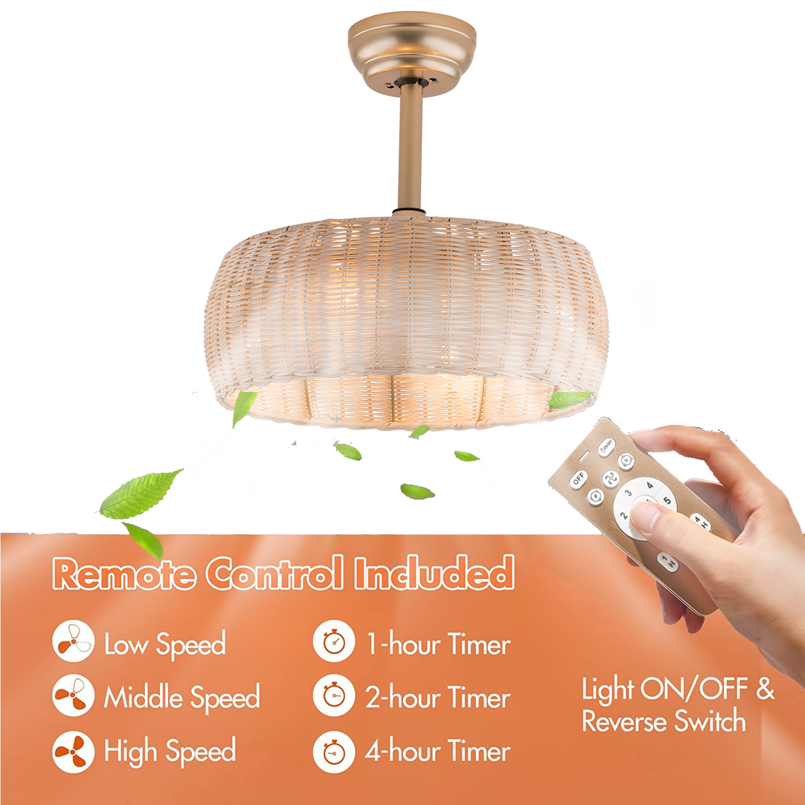17.7inch Rattan Ceiling Fan with Light, 18in Bamboo Fandelier 6-Speed Rattan Caged Ceiling Fan with Lights Remote Control, Wicker Ceiling Fan Boho Woven Caged Ceiling Fan Light