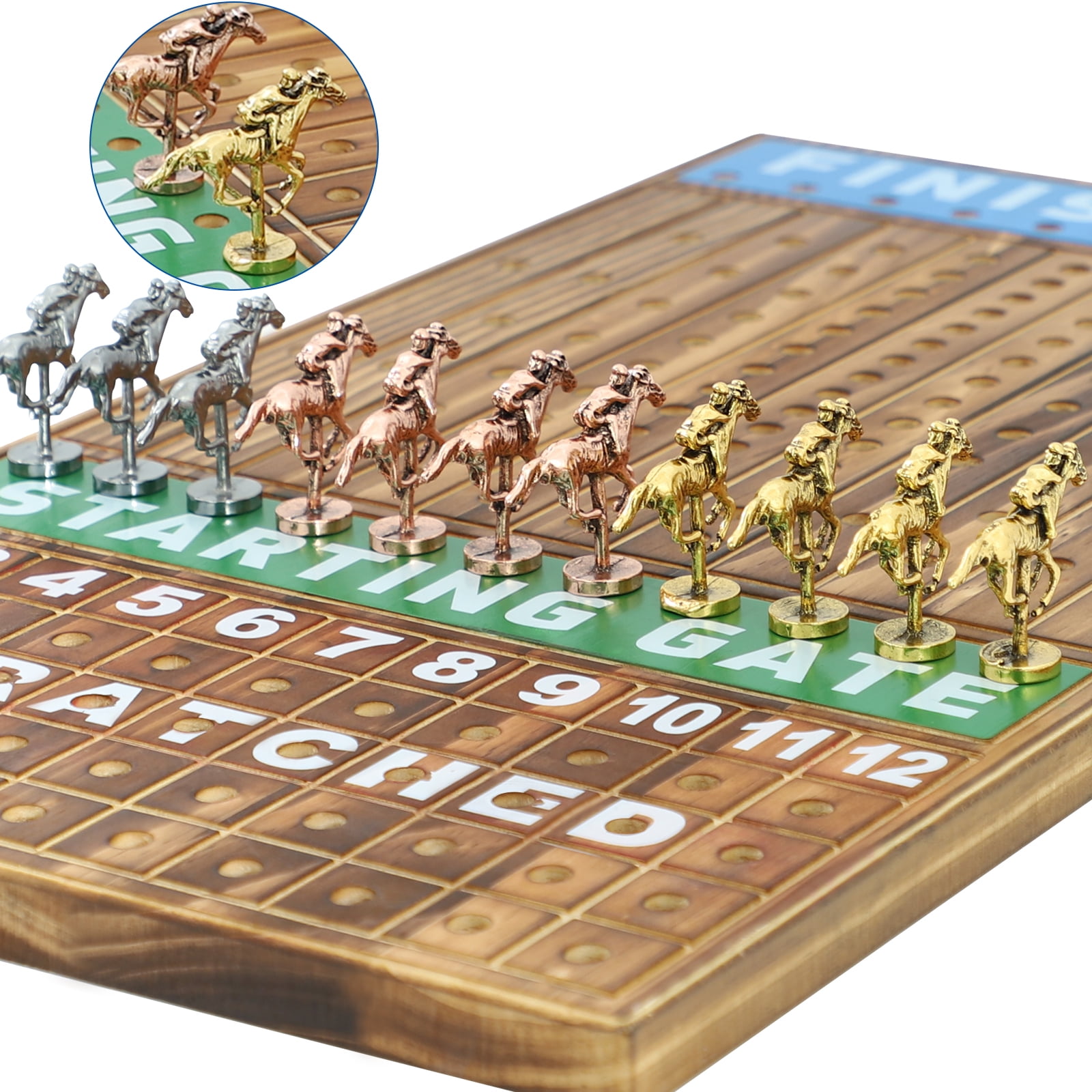Horse Race Board Game Racing Game Thickened Pine with 11 Luxurious Durable Classic Metal Horses with 4 dice and 2 Boxes of Cards Across Finish Line Horse Racing Game