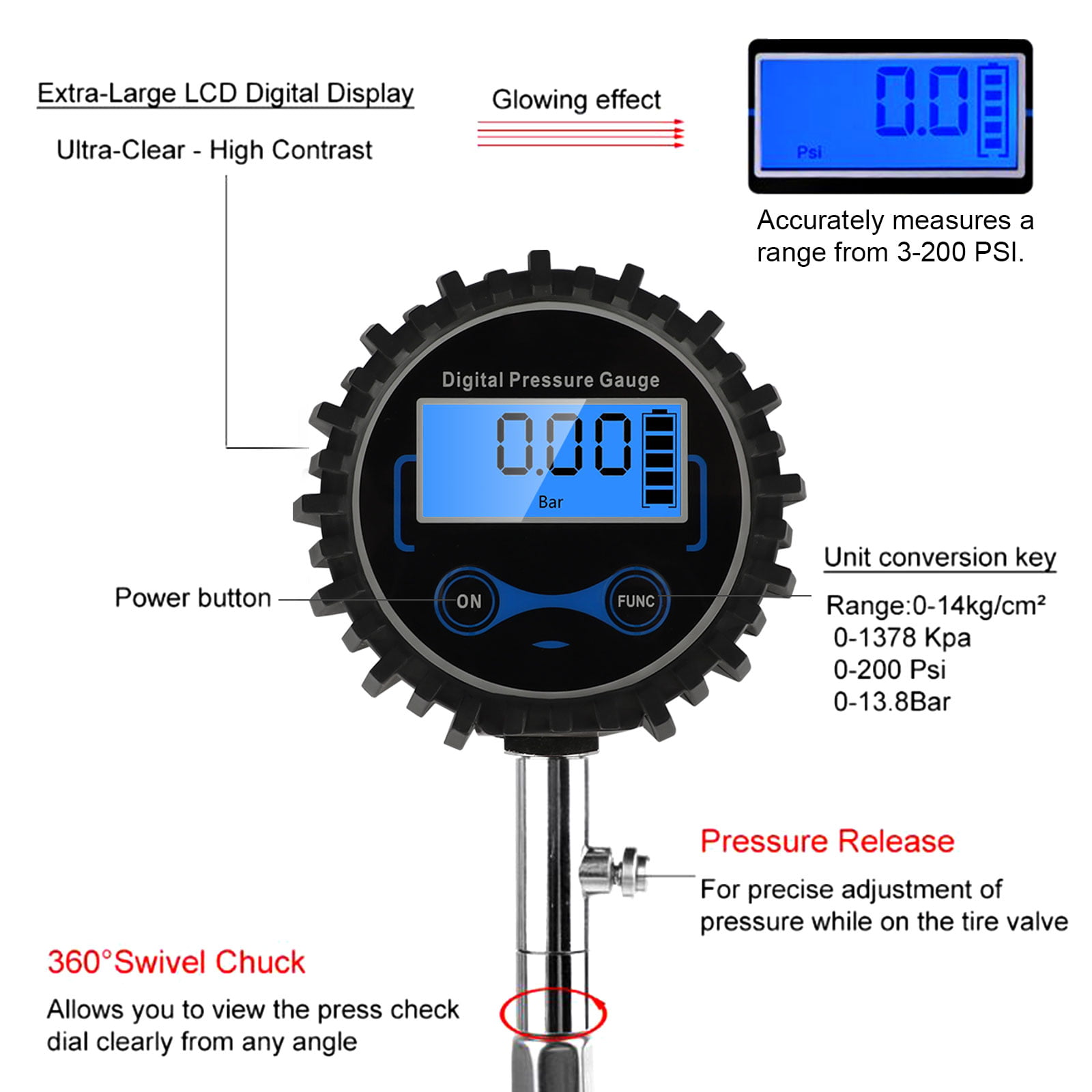 0-200PSI Car Tyre Pressure Gauge Digital LCD Tire Air Pressure Gauge Meter for Car Truck Motorcycle 