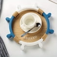 thumbnail image 2 of 1 Pc Mediterranean Style Wooden Tray - Nautical Ship Wheel Shaped Decorative Tray with Hemp Rope Accents, Blue & White Ocean Theme for Parties, Bars & Coastal Home Decor (Non-Food Contact), 2 of 9