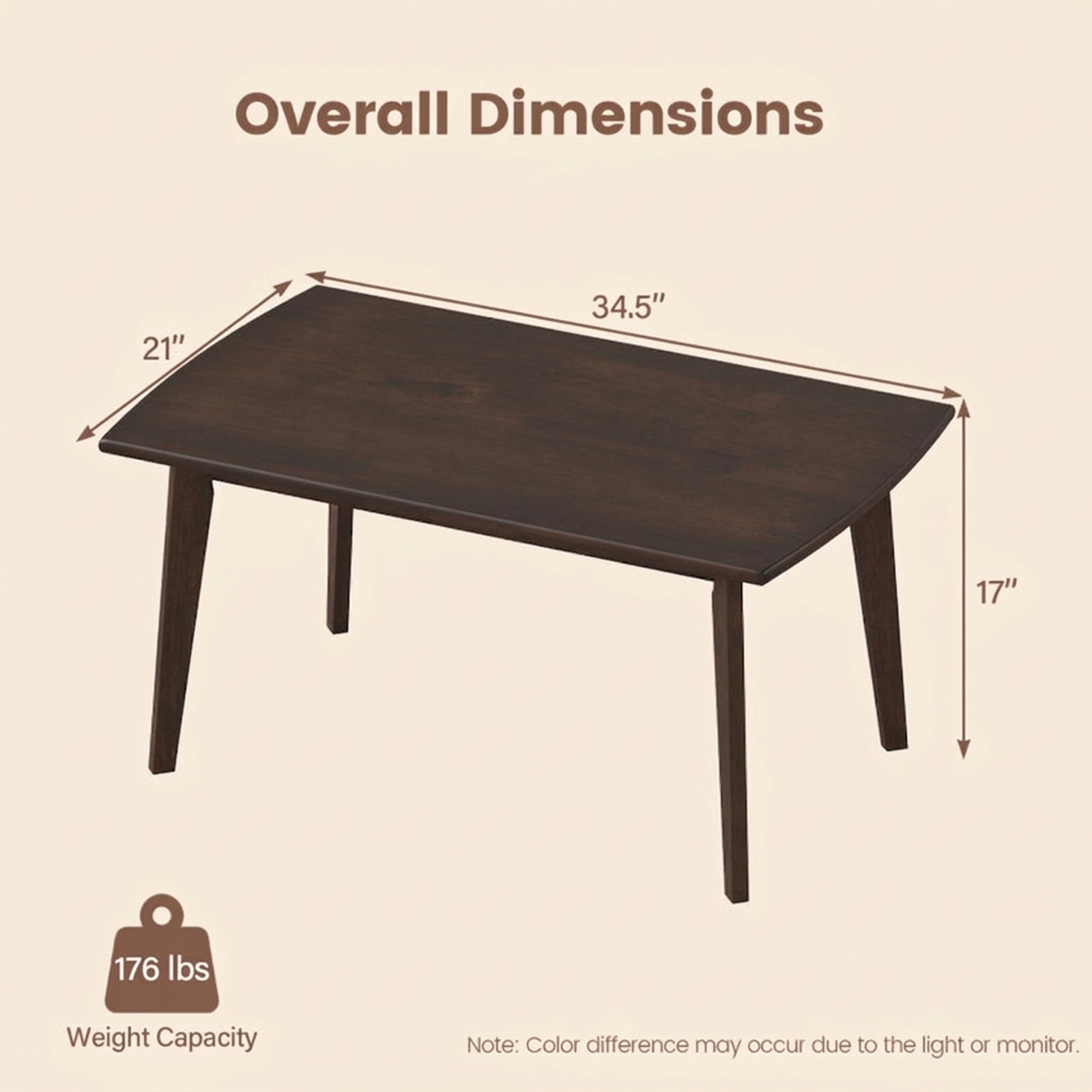 Furnibear Solid Wood Modern Coffee Table with Tapered Legs - Walnut - Living Room Cocktail Center Table