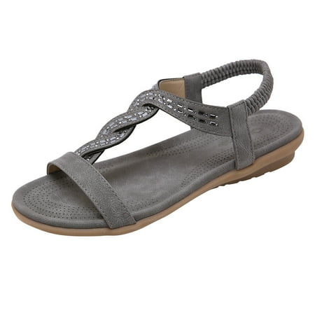 

WANYNG slippers for women Summer Women s Open-Toe Sandals Bohemian Rhinestone Flat Elastic Band Beach Shoe Women shoe Gray 41