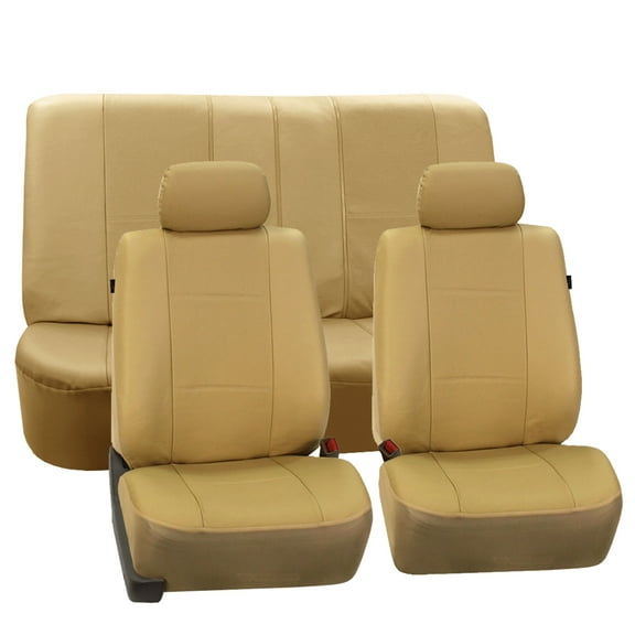 FH Group Beige Deluxe Faux Leather Airbag Compatible and Split Bench Car Seat Covers, 2 Headrest Full Set