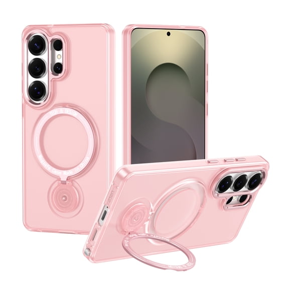 Magnetic Ring Stand Case for Samsung Galaxy S24 Plus, 360° Rotatable Holder, Matte Translucent PC Back, Slim Shockproof Protective Cover, Anti-Scratch Lightweight Phone Case for Women Men, Pink