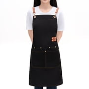 Chef Aprons for Men Women with Large Pockets, Cotton Canvas Cross Back Adjustable Cooking Kitchen Work Waterproof Bib Apron Black