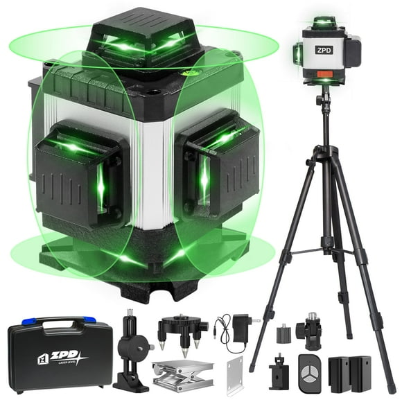 Laser Level, ZPD Laser Level with Tripod, 4 x 360 Self Leveling Laser Measuring Tool Green Lazer Level 16 Line Level Laser 360 Self Leveling for Cons