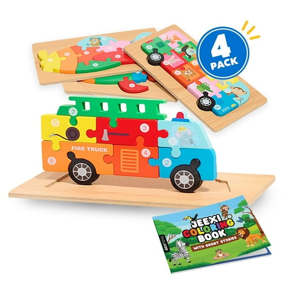 4 Pack - Montessori Wooden Puzzles   Coloring Book for Toddlers 2 3 4 5 Years Old, Vehicles Jigsaw Learning Toys for Kids, Children, Early Educational Color Sorting Block Puzzles Gift for Boy & Girls