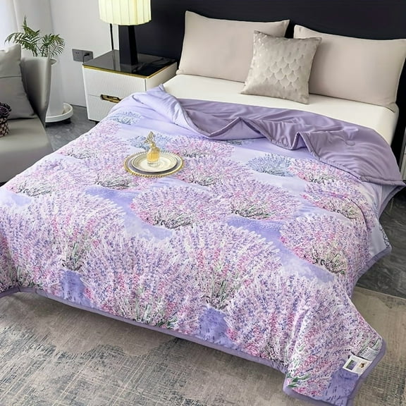 Ultra-Soft Microfiber Quilt - Lavender Floral Print, No-Shift Filling - Twin/King (66x86in or 76x90in) - All-Season Machine Washable