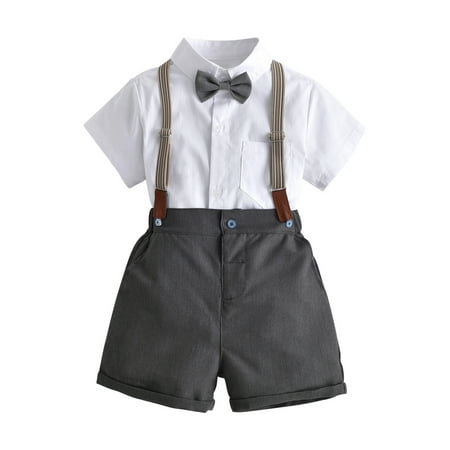 

Miluxas Kids Clothing Clearance Toddler Boys Clothes Short Sleeve Bowtie Shirt+Straps Shorts Outfits Suits Gentleman Tuxedos Gray 1-2 Years