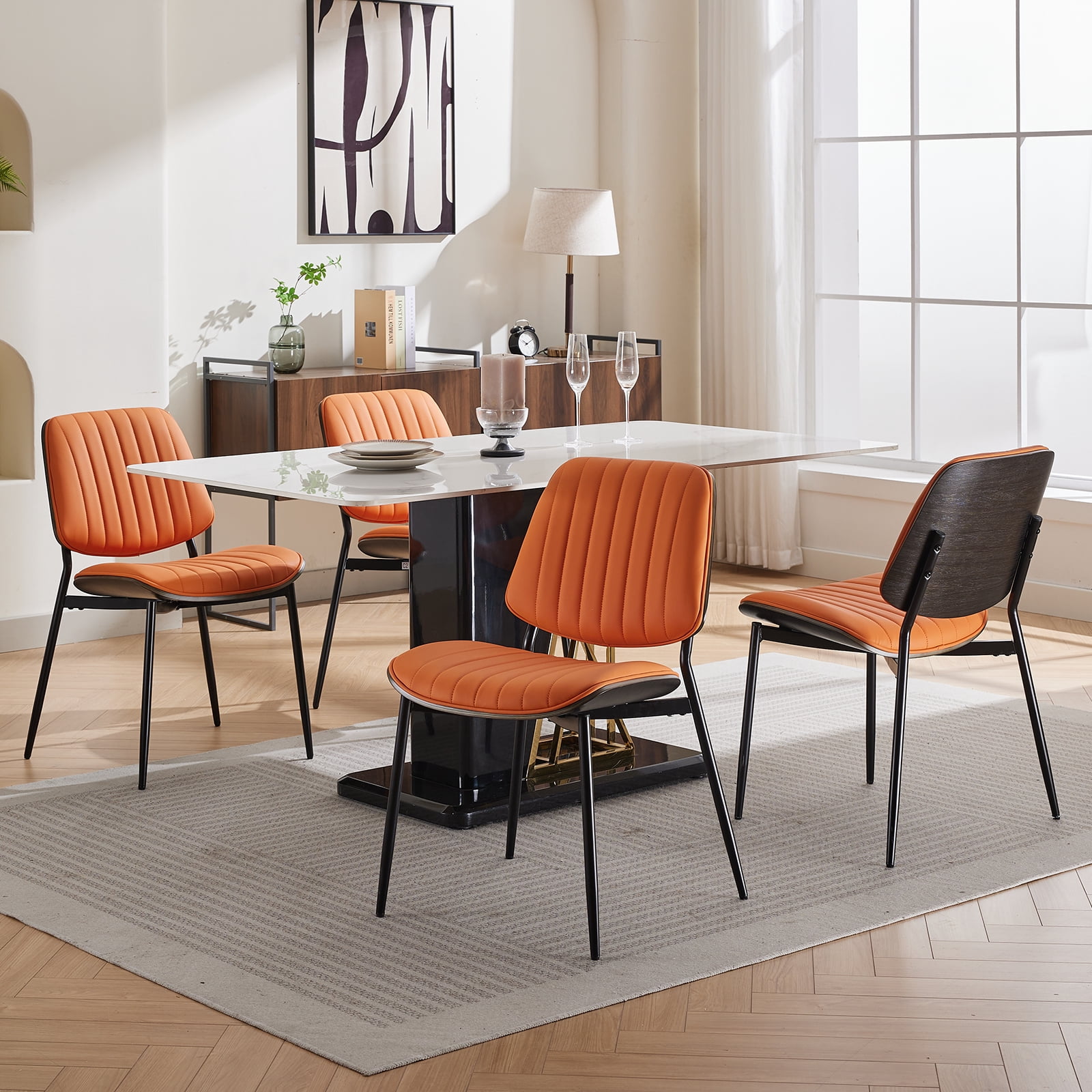 Mid Century Modern Dining Chairs Set of 6, Orange Kitchen & Dining Room Chairs Set of 6, Upholstered PU Leather Kitchen Chairs for Dining Table, Sillas de Comedor, Metal Legs, Walnut Back (Orange)