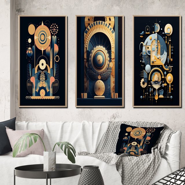 Designart "Geometry of Consciousness Contemporary Art I" Modern Geometric Framed Wall Art Set Of 3 - Gold Abstract Geometric Frame Gallery Wall Set For Home Decor