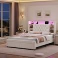 thumbnail image 6 of Homfa Full Size Velvet Upholstered Bed with Bookcase Headboard, 2 Drawers Platform Bed Frame with Charging Station & LED Lights, Beige, 6 of 9
