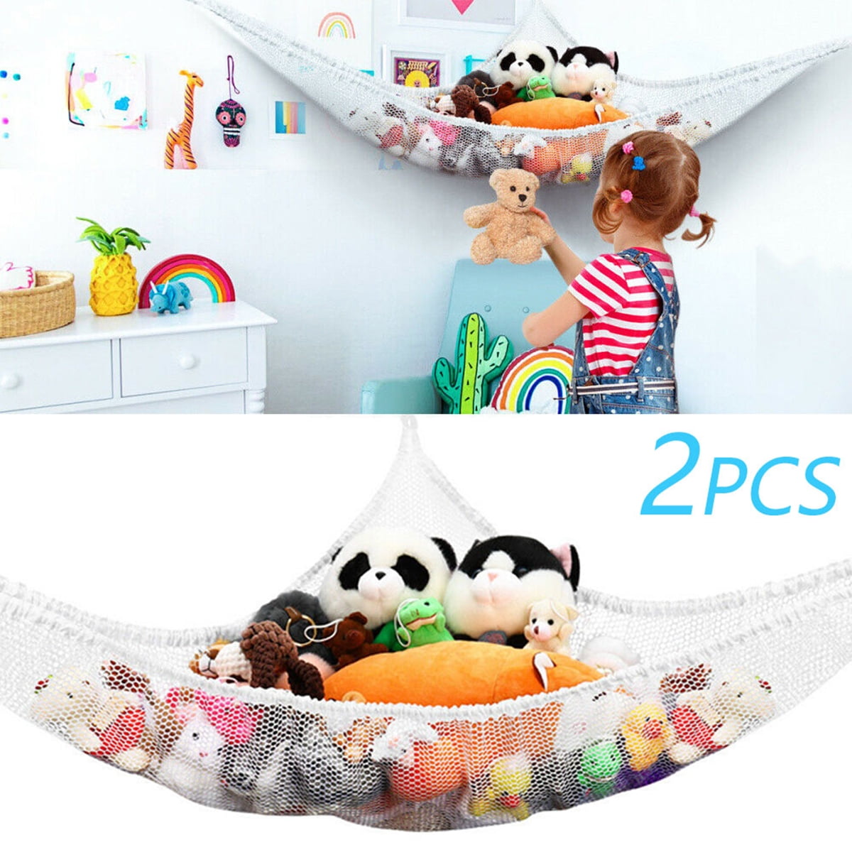 2Pcs Stuffed Animal Hammocks Toy Storage Nets Jumbo Wall Sling Corner Mesh Toy Organizer with