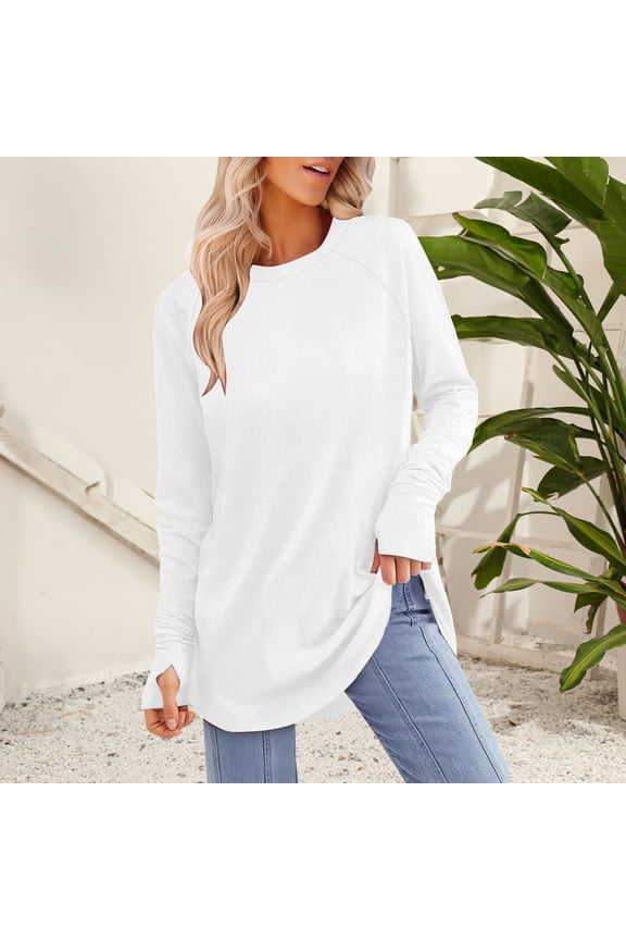 Pullover Sweaters Sweaters for Women Womens Tunic Tops To Wear With Leggings Long Sleeve Thumb Hole Shirts Crew Neck Curved Pullover Sweaters Womens Sweaters White XL
