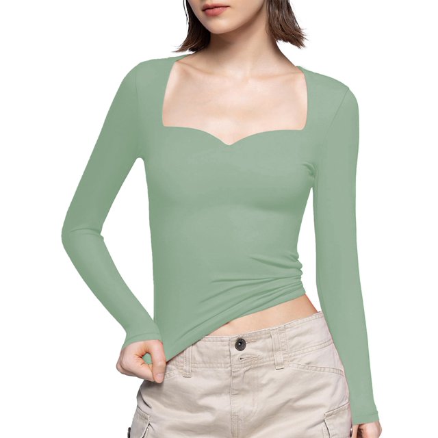 Women'S Long Sleeve T Shirts Sweetheart Neck - Slim Fit Going Out Tops Basic Tee Smoke Cloud Pro Collection Light Green M