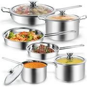 10-piece pots and pans set, stainless steel cookware set- includes ergonomic handle saucepans, skillets, dutch oven, stockpot, steamer & more - premium pots and pans for home chefs