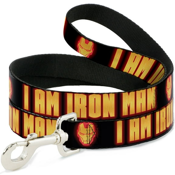 Marvel Comics Pet Leash, Dog Leash, Iron Man Face I Am Iron Man Black Yellow Glow, 4 Feet Long 1.0 Inch Wide
