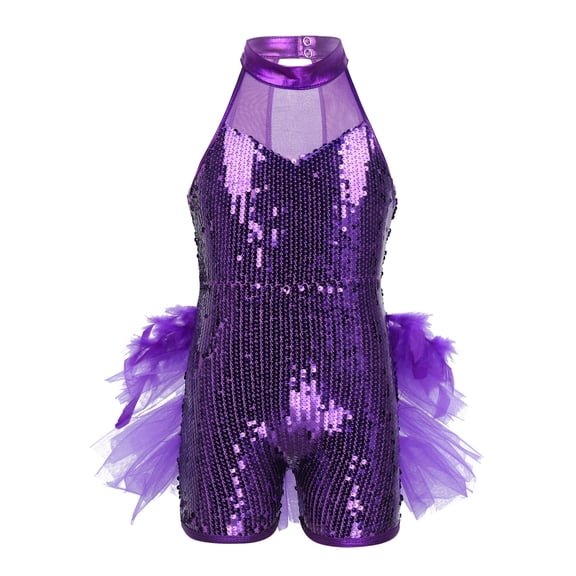 Moggemol Kids Girls Sequins Sleeveless Gymnastic Leotard Jazz Dance Dress Short Unitard Latin Ballet Purple 7