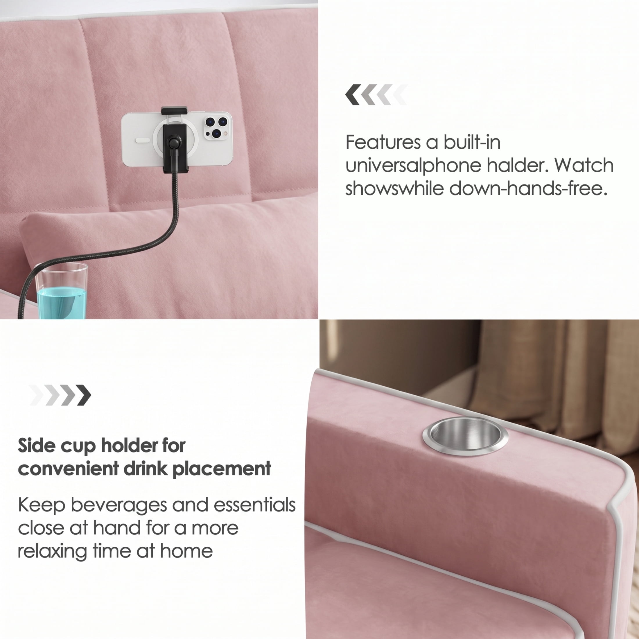 Vinform Sleeper Sofa Bed, 3 in 1 Convertible Loveseat with Phone & Cup Colder for Small Space, Pink