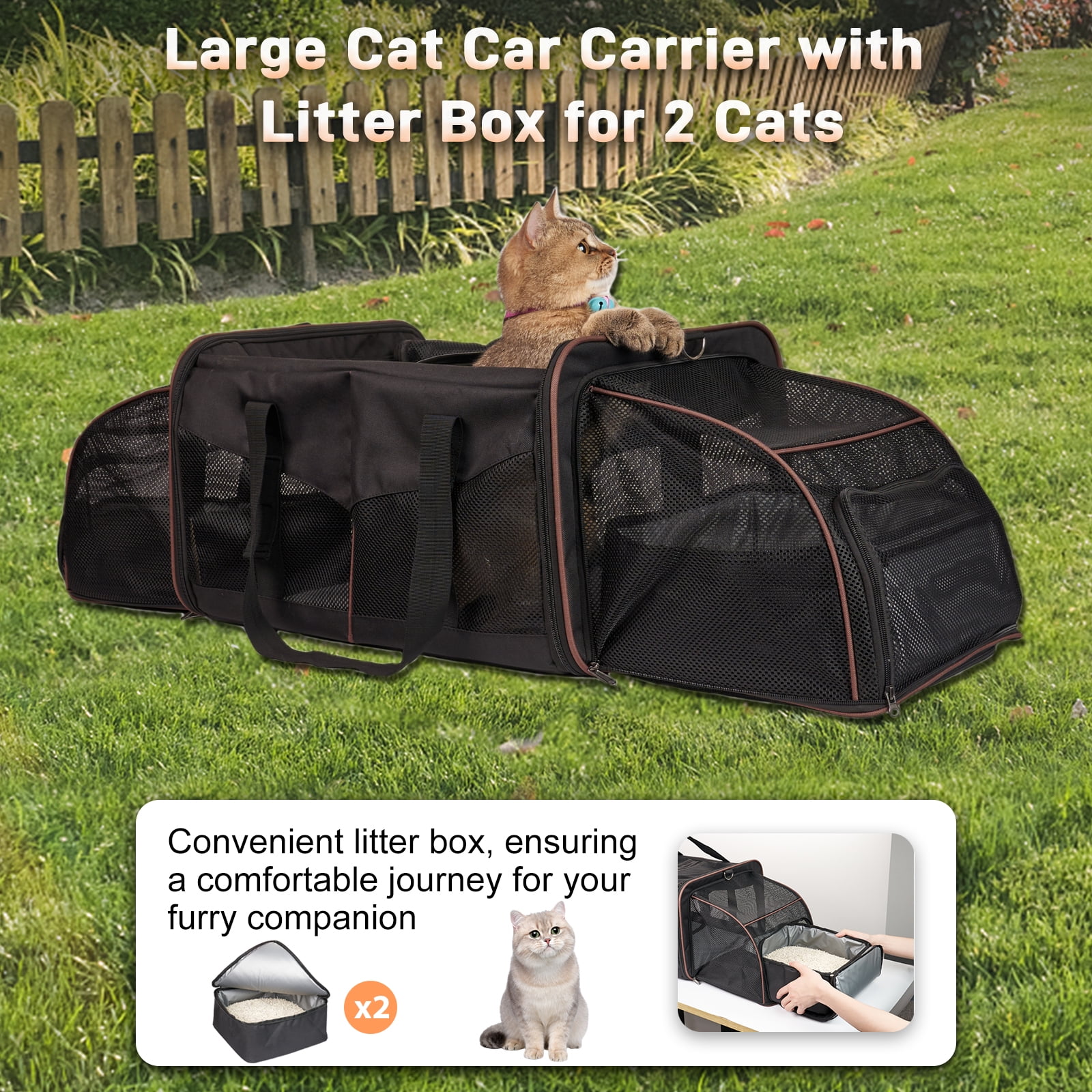 LitaiL Cat Carrier for 2 Cats, 2-in-1 Double Pet Carrier with 2 Litter Boxes, Portable Soft Sided Dog Carrier for Traveling, Black