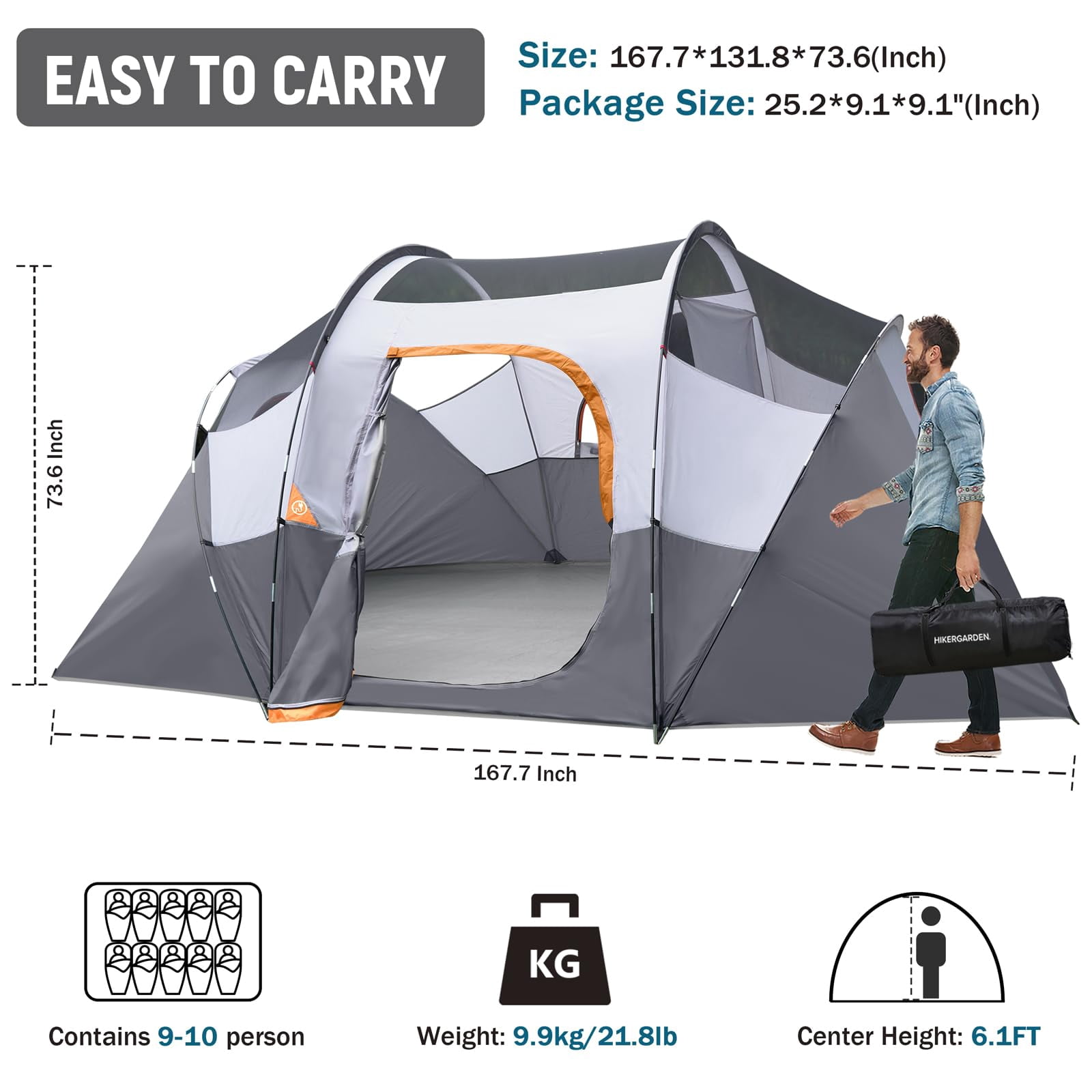 Hikergarden 10 Person Camping Tent - Portable Easy Set Up Family For Camp  Windproof Fabric Dome Outdoor Hiking Backpacking Traveling-14'x11'x74in(h)