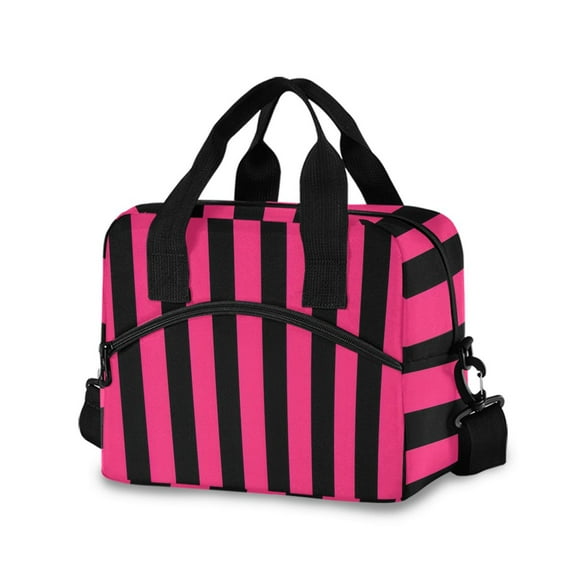 joogoo Pink and Black Stripe Pattern Insulated Lunch Bags Reusable Cooler Box with Shoulder Strap