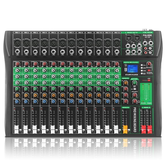 12 Channel Audio Mixer, Professional DJ Mixer Board Sound Music Mixing Console Digital Mixer with Reverb, Bluetooth, USB Port, 48V Phantom Power for Recording Karaoke Podcasting