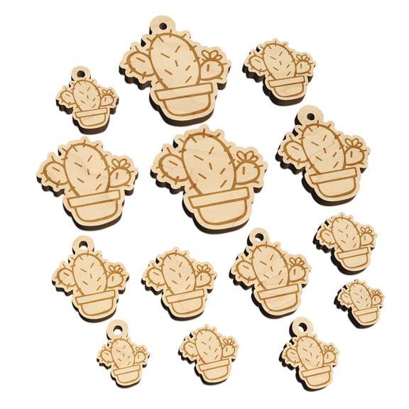 Hand Drawn Prickly Pear Cactus Doodle Wood Mini Charms Shapes DIY Craft Jewelry - With Hole - 12mm (26pcs)