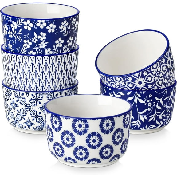 Selene 6 oz Ceramic Ramekins Set of 6, Microwave & Dishwasher Safe Souffle Cups for Baking, Dip & Sauce, Desserts, Handcrafted Blue Floral Bowls