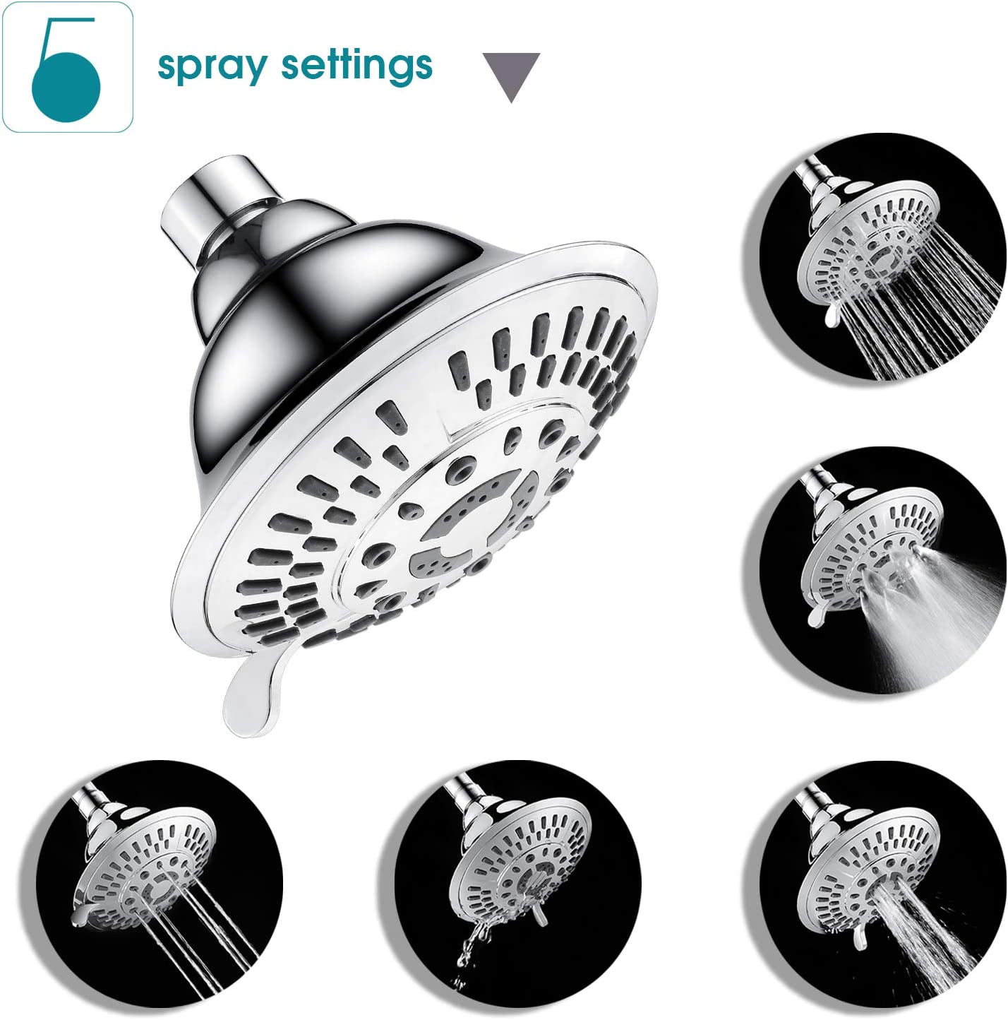 BRIGHT SHOWERS Shower Head High Pressure Rain Showerhead 5 Spray Setting Fixed Shower Head Angle Adjustable Bathroom Showerhead, Chrome