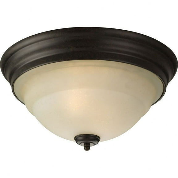 Progress Lighting, Torino, 2-Light Flush Mount, Forged Bronze, Etched White Glass Bowl, Shade Included