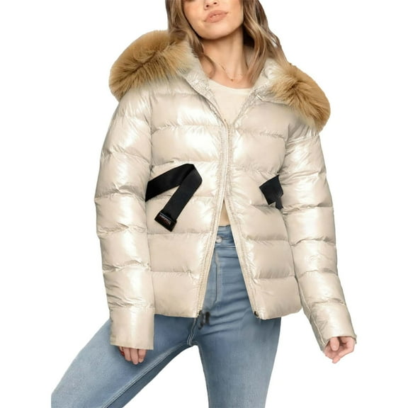 Women Faux Fur Collar Jackets Hooded Front Zip Belt Short Coat Thermal Casual Stylish Winter Outwear With Pockets (XXS, White)