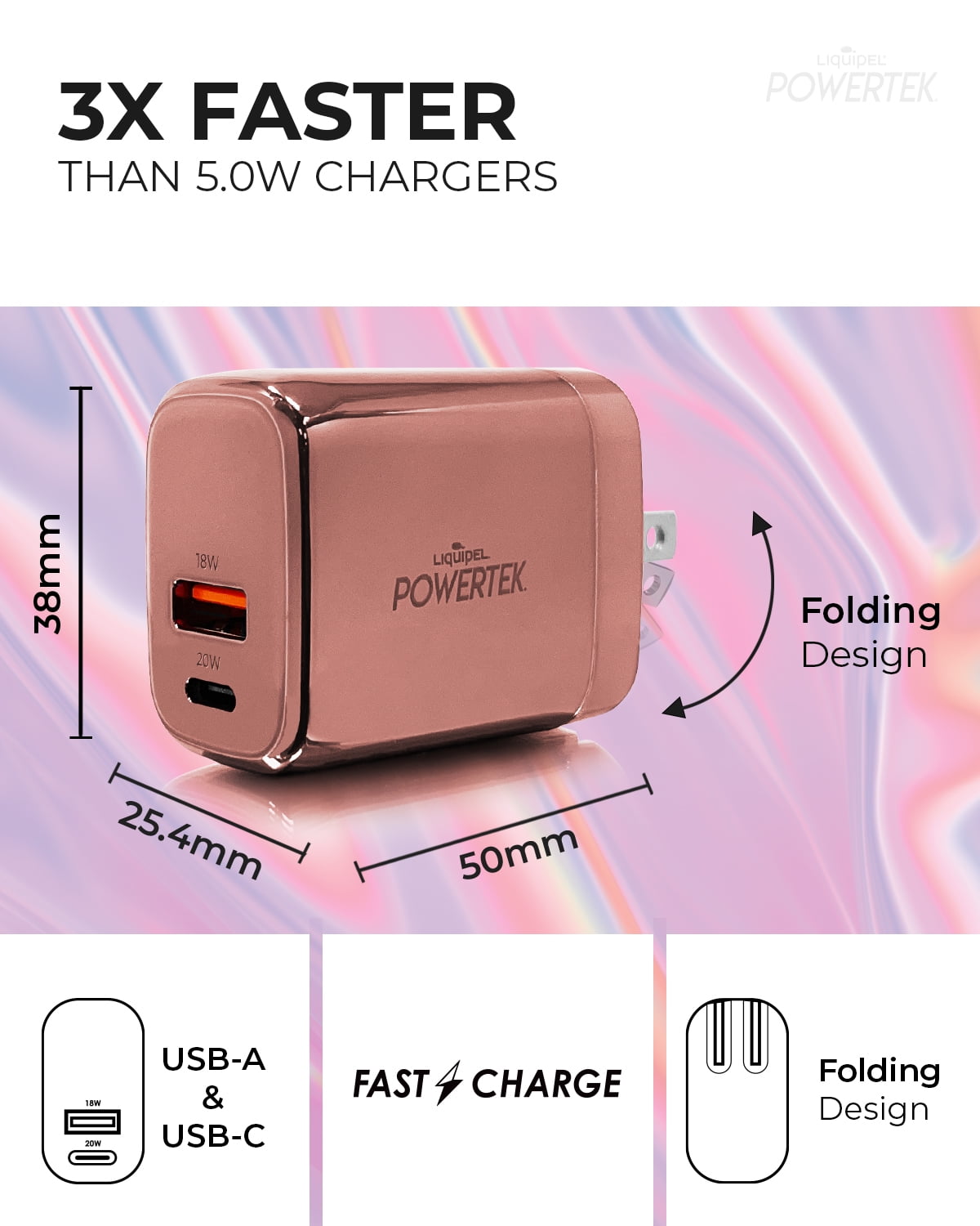 Liquipel Powertek 20W PD USBC and 18W USB A Dual Port Wall Block Charger, Type C Fast Charging Cube, Wall Power Adapter with Foldable Plug, Metallic Shine Light PInk