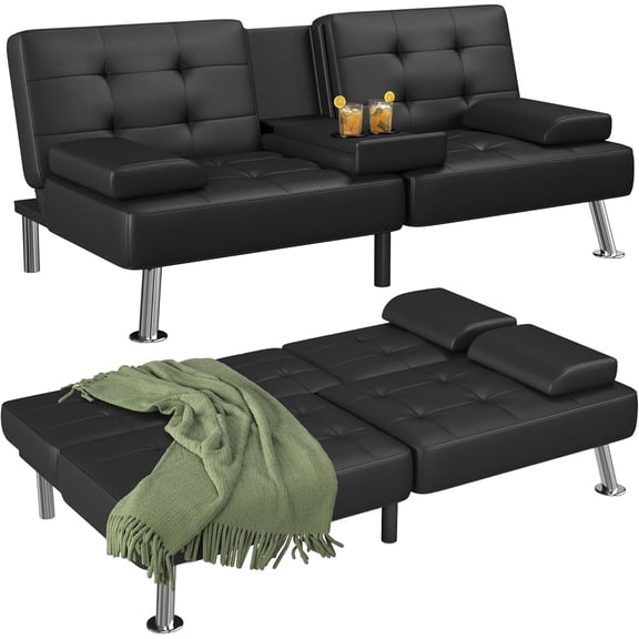 Homall Canapé-Lit Futon en Similicuir Canapé Moderne Convertible Inclinable Pliant avec 2 Porte-Gobelets, Noir