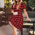 thumbnail image 3 of Picia Buffalo Plaid Red Black Pattern Women's Short Sleeve Summer Dress Pleated Loose Swing Knee Length Short Sleeve Swing Dresses, 3 of 6