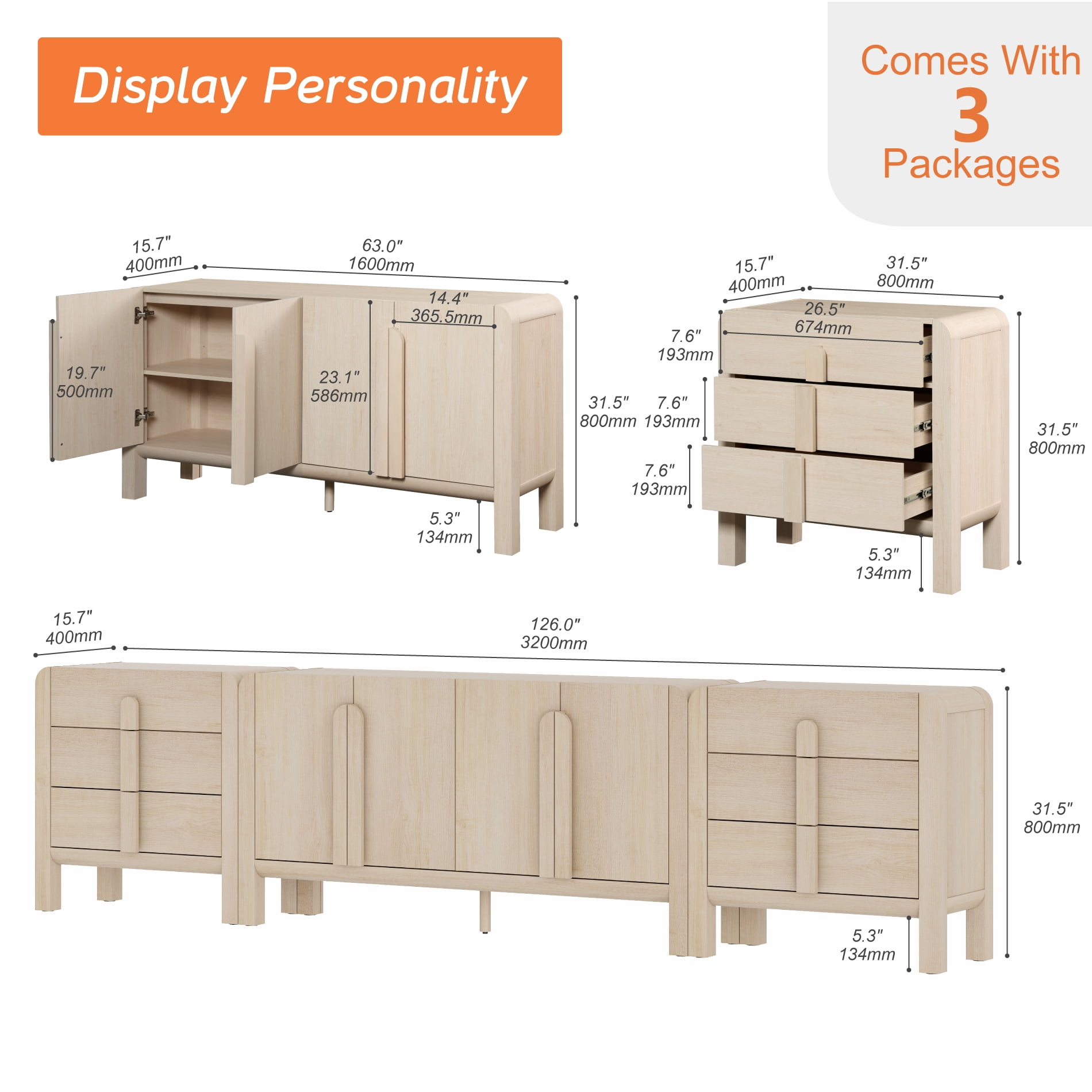 Modern TV Stand for TVs up to 120 inch, 3 in 1 Entertainment Center with Adjustable Shelves and 6 Drawers, Large TV Console for Living Room,Bedroom