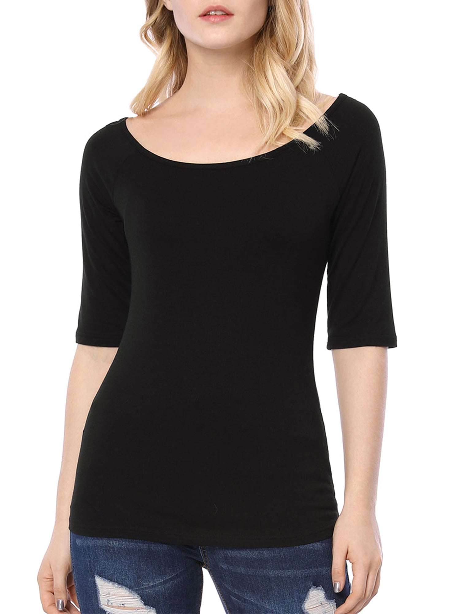 DARING DIVA Women's Slim Fit Pullover Boat Neck Stretchable T-Shirt 2XL Black