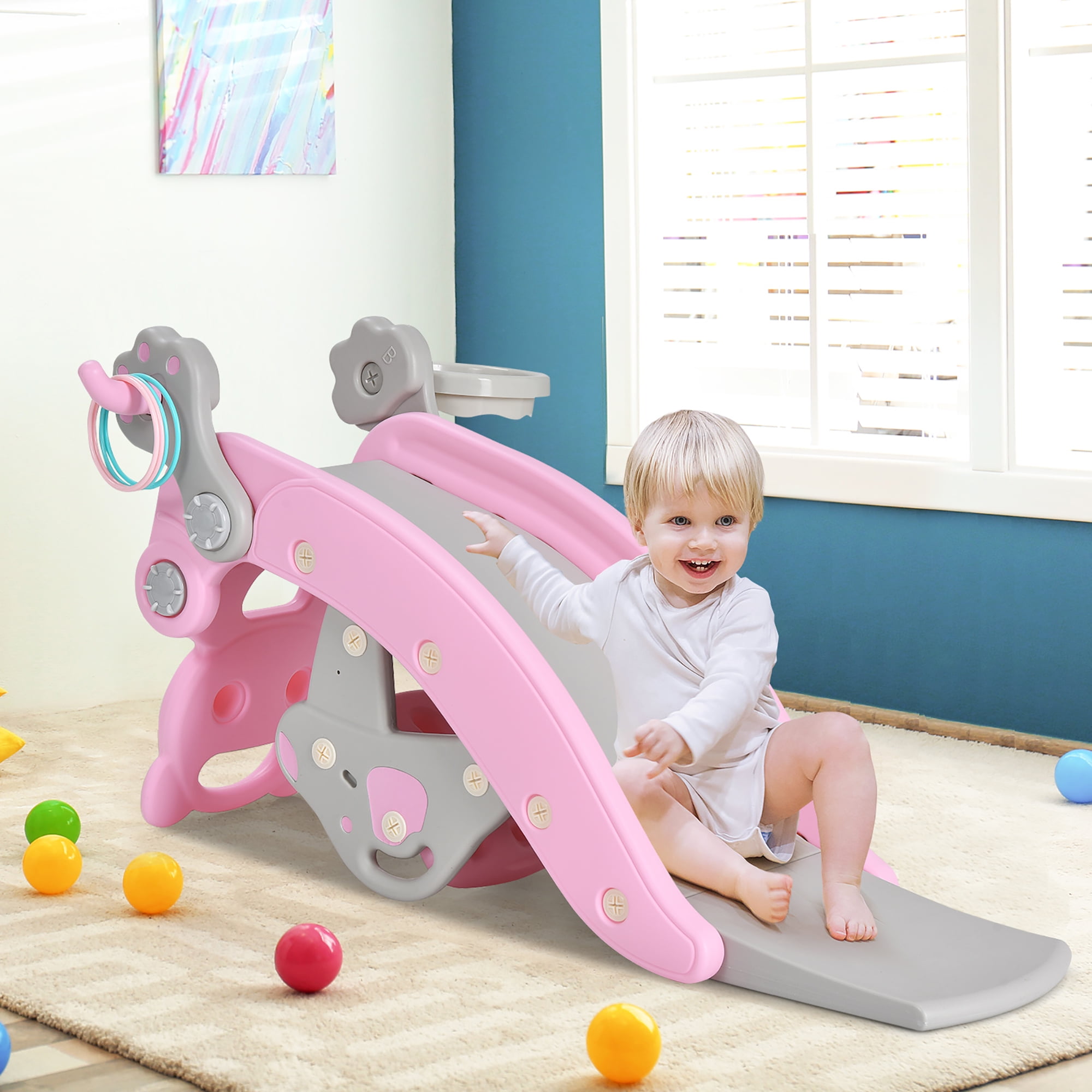 Costway 4-in-1 Rocking Horse & Slide Set Toddler Slide Playset w/Basketball Hoop