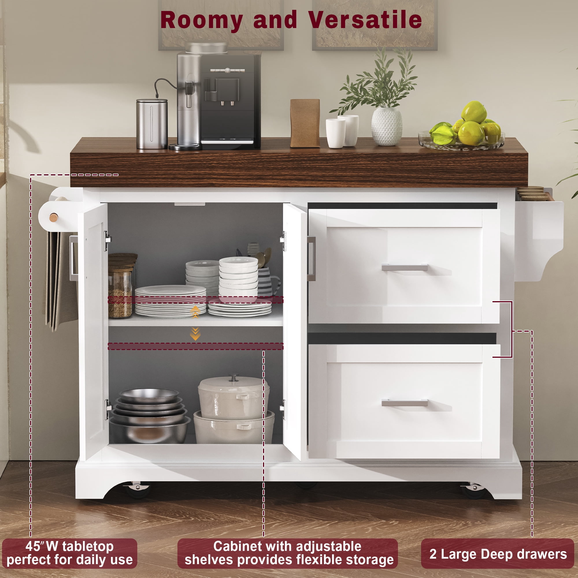 Alvantor Large Kitchen Island with Drop Leaf, 53" W Rolling Kitchen Cart with 3.5" Thick Desktop for Dining Room White