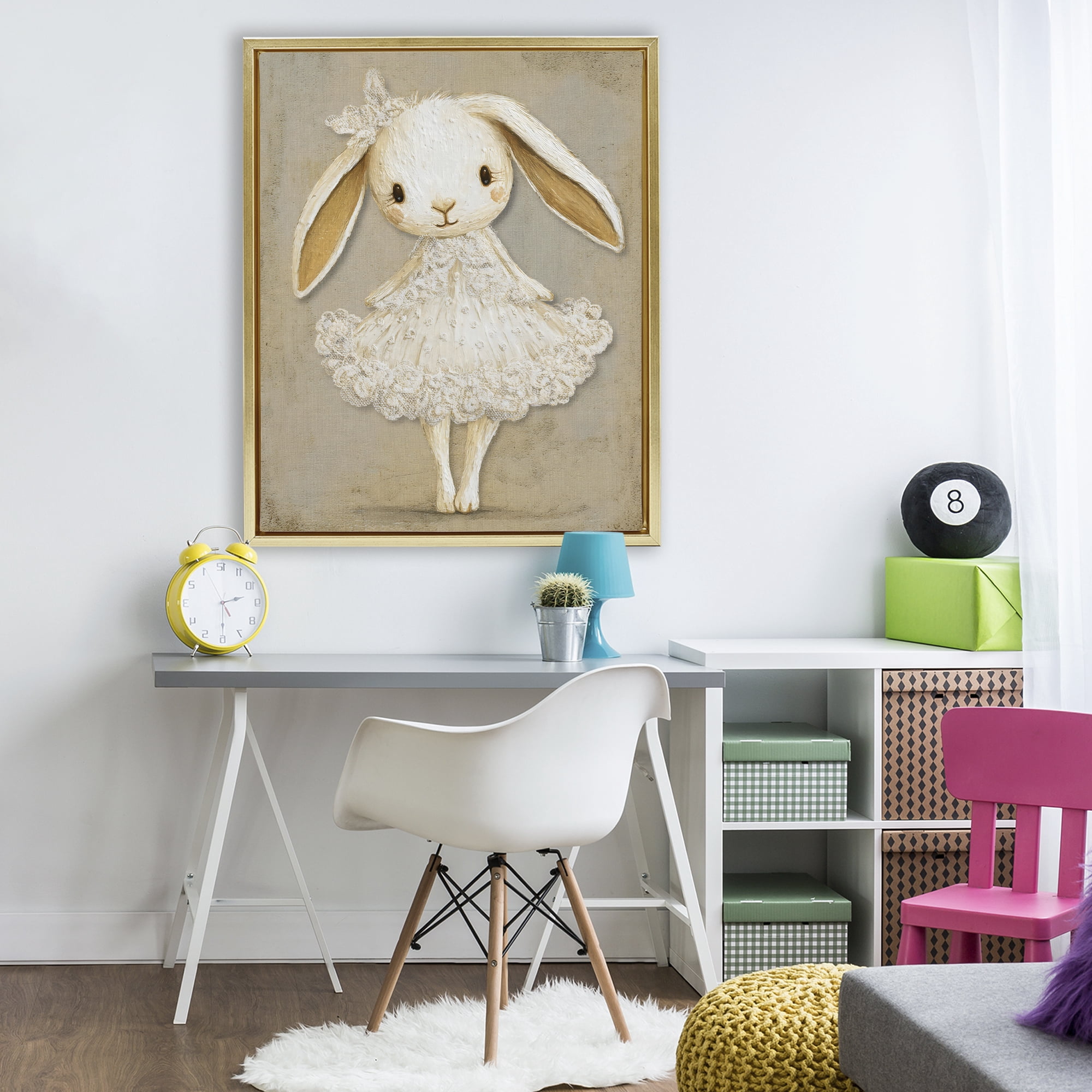 Stupell Industries Ballerina Bunny in Lace Dress Gold Framed Floater Canvas Wall Art, design by Ink Drop Loft