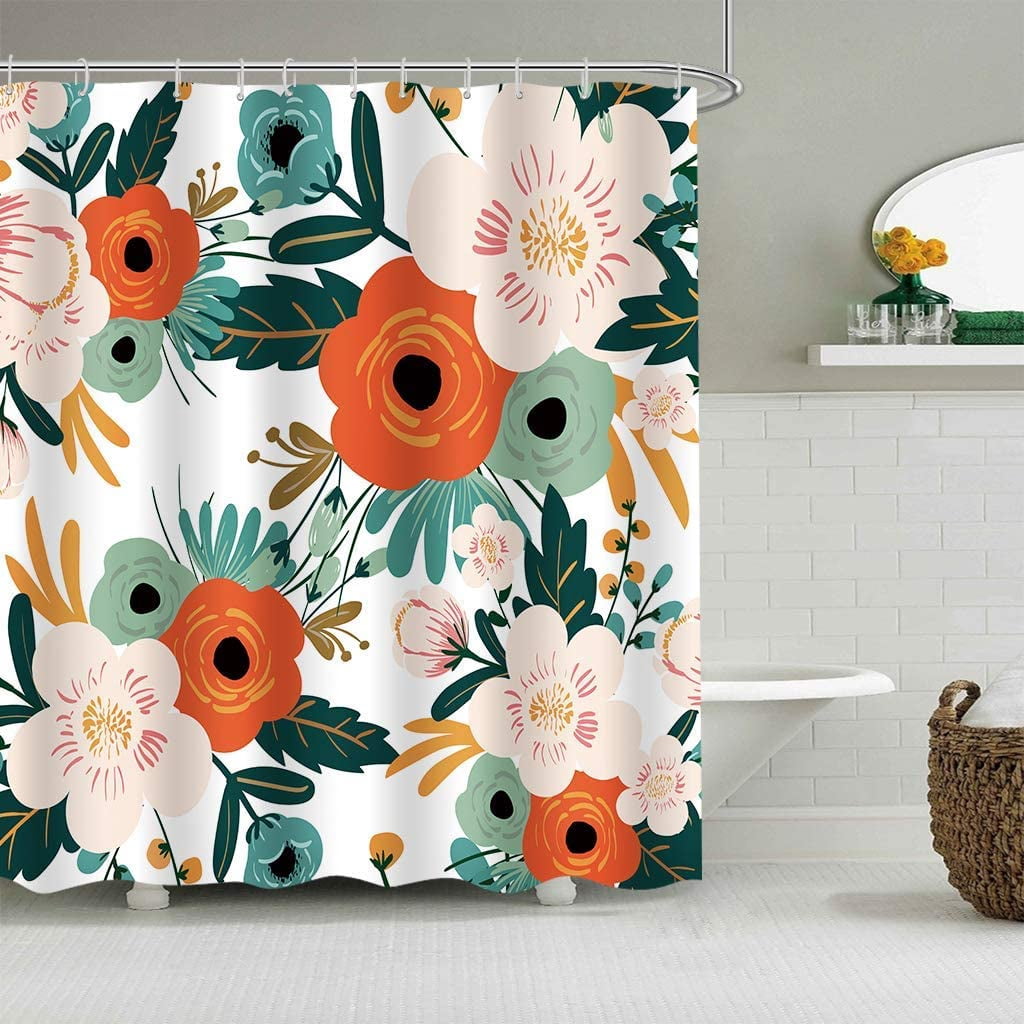 Extra Long Spring Flower Fabric Shower Curtain 72Wx84H Inch Watercolor Floral Green Leaves Orange Bathroom Decor Polyester Waterproof 12 Pack Plastic Shower Hooks WW-YHX9