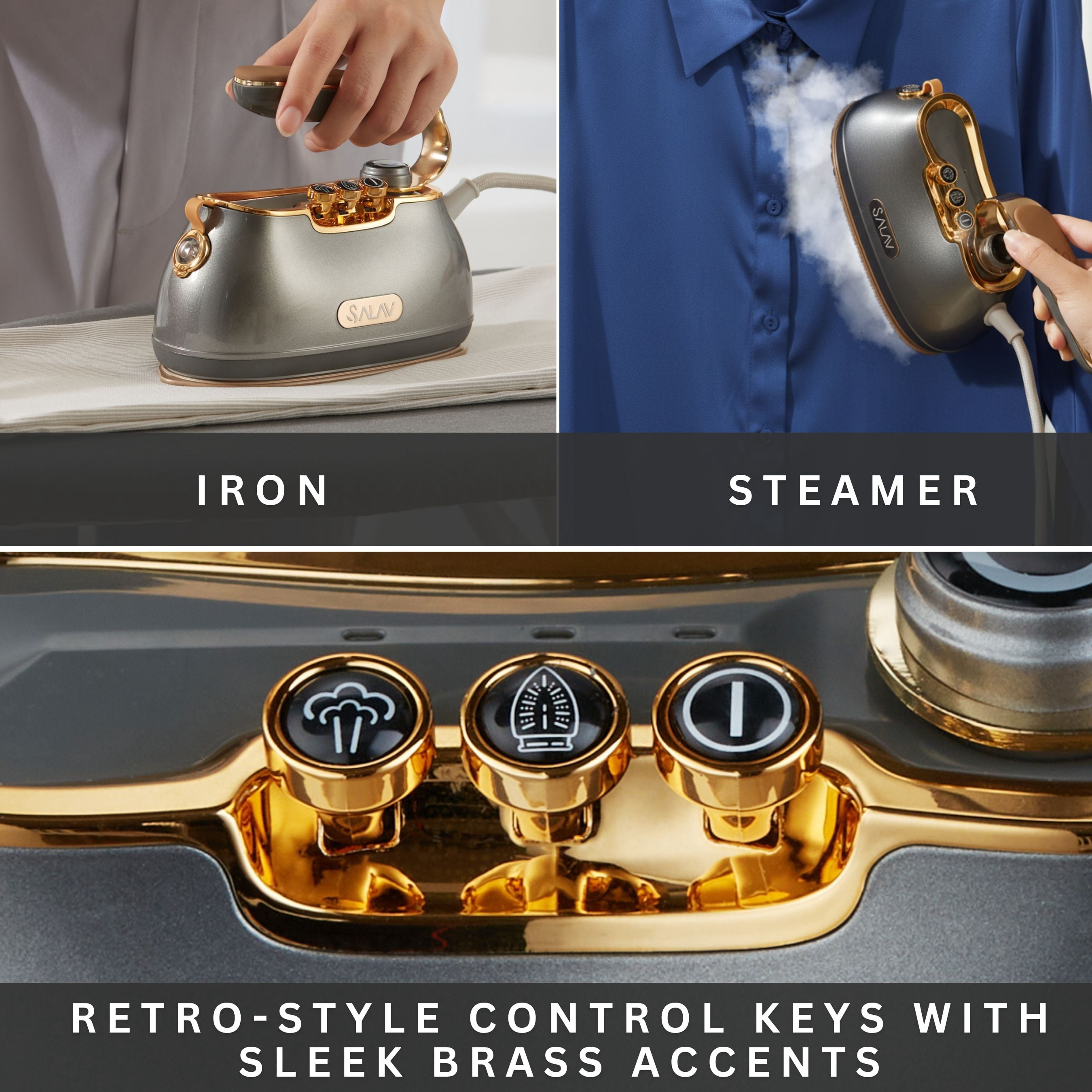 SALAV® Retro Edition Duopress Steamer and Iron with Ceramic Coated Plate, Titanium
