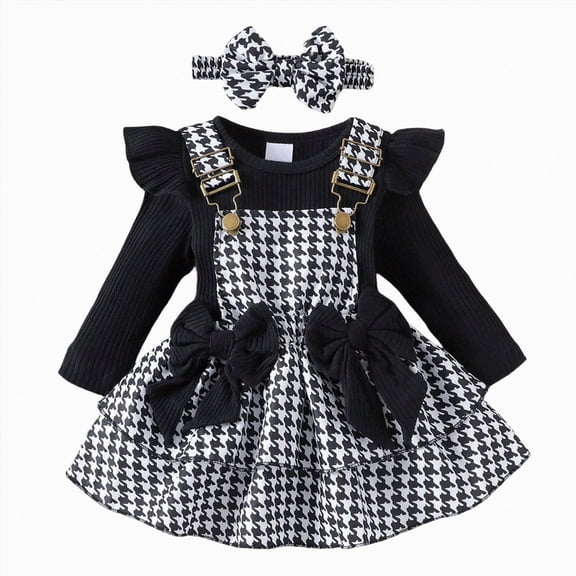 CAICJ98 Baby Girl Clothes Fall Winter Outfit Long Sleeve Ruffle Romper Plaid Skirt Bow Headband 3 Pcs Set (Black,0-3 Months)