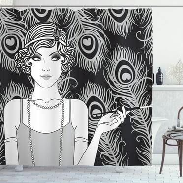 Ambesonne Pin up Girl Shower Curtain, Retro Party Concept, 69"Wx75"L, Grey Pale Grey and Black